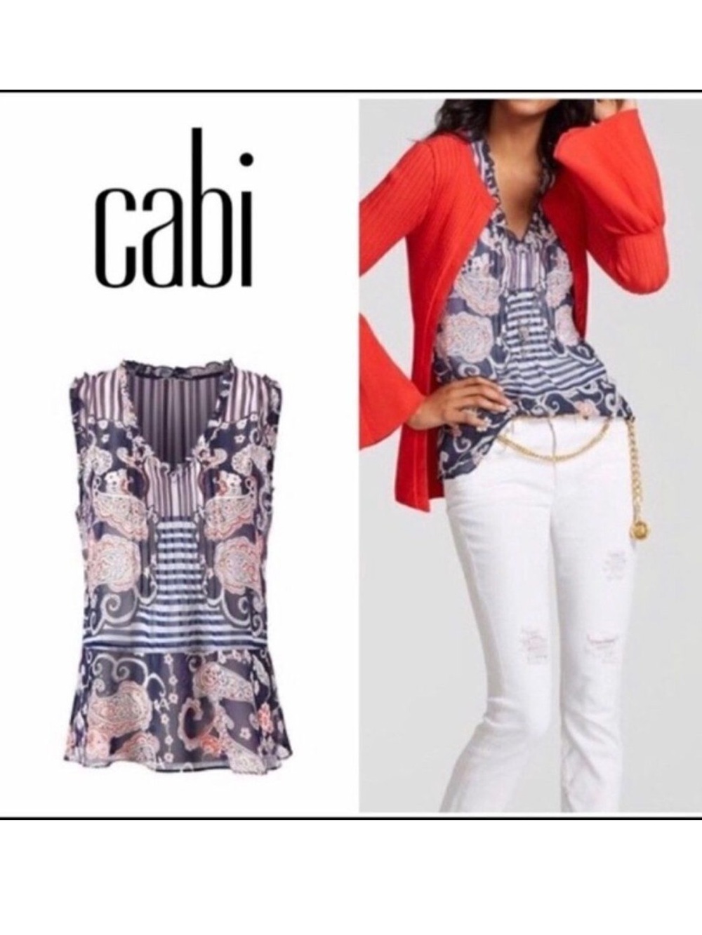 CAbi Navy & Orange Paisley Striped Printed V-Neck Camisole Ruffle Trim Sheer XS